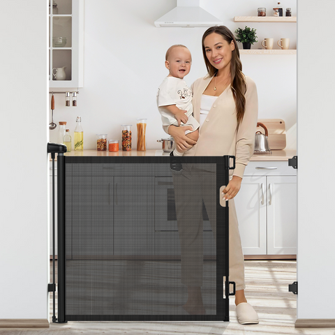 Baby Gates for Doorway, Retractable Baby Gate, Mesh Dog Pets Gate Extra Wide for Stairs Hallways, Extends to 55” Wide, 35” Tall, Black