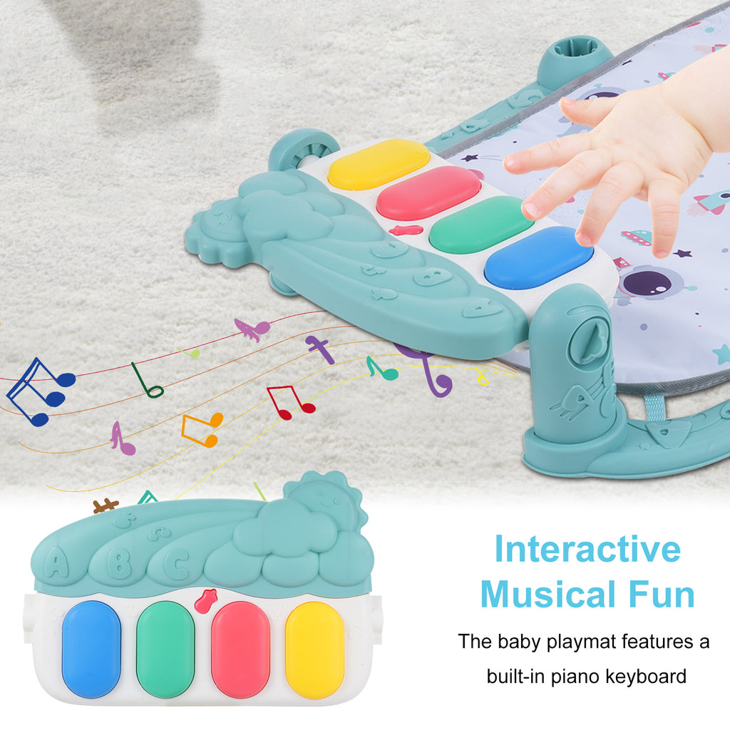 Baby Play Mat with Piano Keyboard: Deatchable Hanging Toys, Play Musical Activity Gym, Tummy Time Crawling Mat for Infants 0-12 Months, 4 Colorful Hanging Toys & Sun Flower Mirror