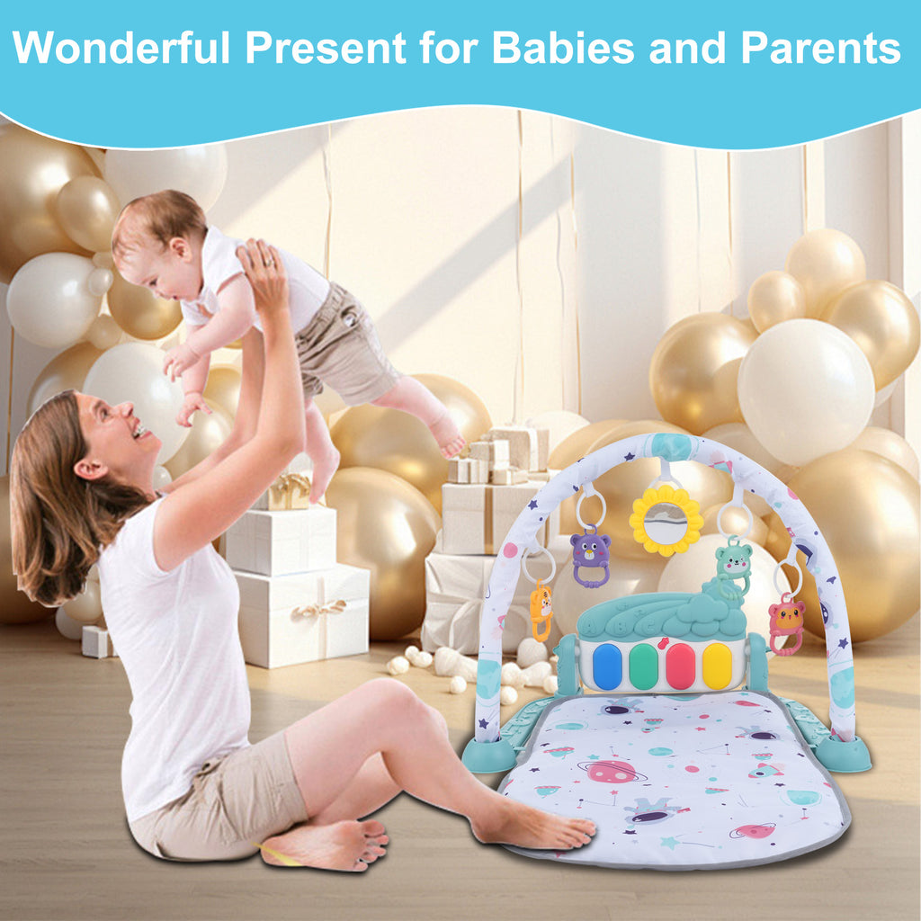 Baby Play Mat with Piano Keyboard: Deatchable Hanging Toys, Play Musical Activity Gym, Tummy Time Crawling Mat for Infants 0-12 Months, 4 Colorful Hanging Toys & Sun Flower Mirror