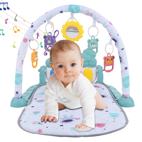 Baby Play Mat with Piano Keyboard: Deatchable Hanging Toys, Play Musical Activity Gym, Tummy Time Crawling Mat for Infants 0-12 Months, 4 Colorful Hanging Toys & Sun Flower Mirror