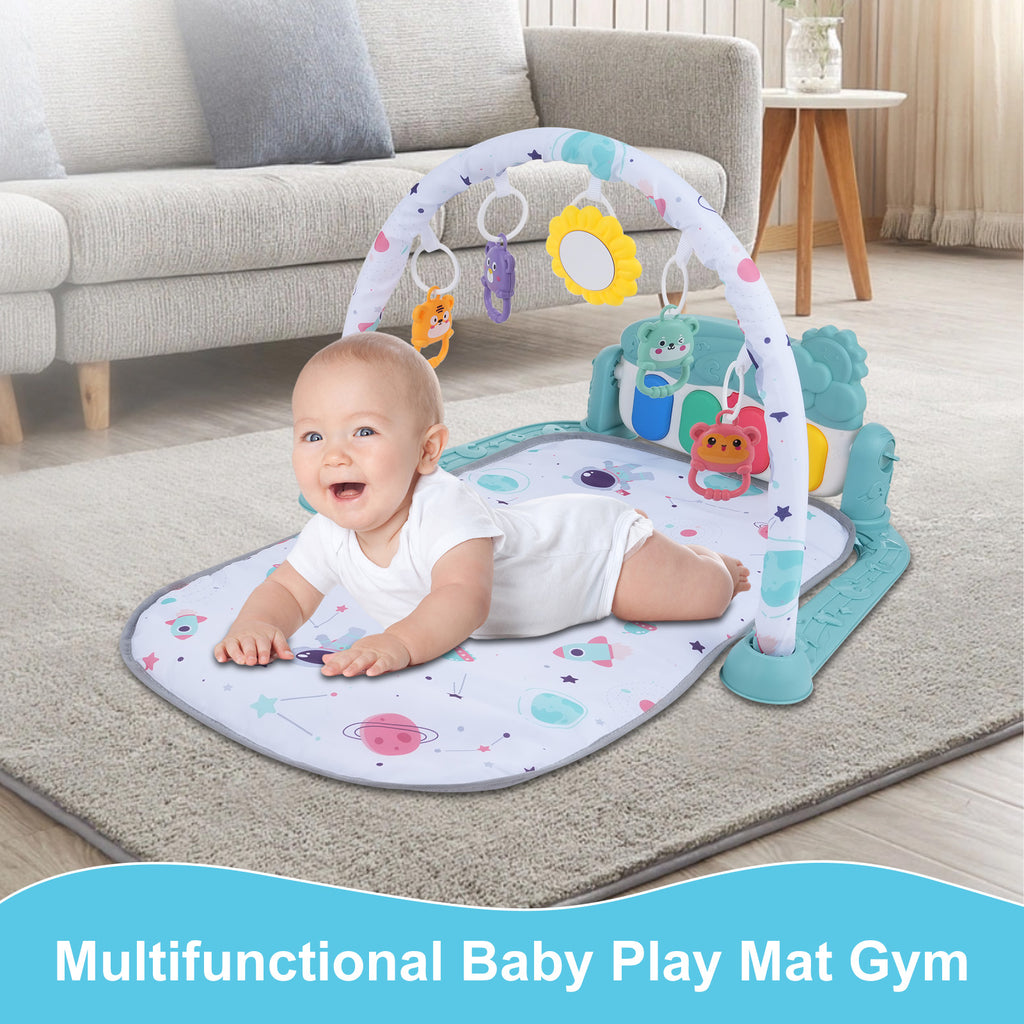 Baby Play Mat with Piano Keyboard: Deatchable Hanging Toys, Play Musical Activity Gym, Tummy Time Crawling Mat for Infants 0-12 Months, 4 Colorful Hanging Toys & Sun Flower Mirror