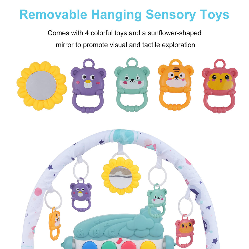 Baby Play Mat with Piano Keyboard: Deatchable Hanging Toys, Play Musical Activity Gym, Tummy Time Crawling Mat for Infants 0-12 Months, 4 Colorful Hanging Toys & Sun Flower Mirror