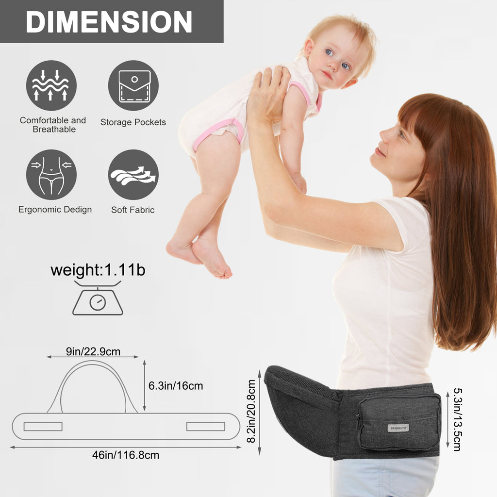 Ergonomic Hip Seat Baby Carrier, Ergonomic Baby Hip Seat, Adjustable Waist Belt, Zipper Pocket for Essentials, for 0-36 Months Newborn and Toddler, 7-41lbs, Dark Gray