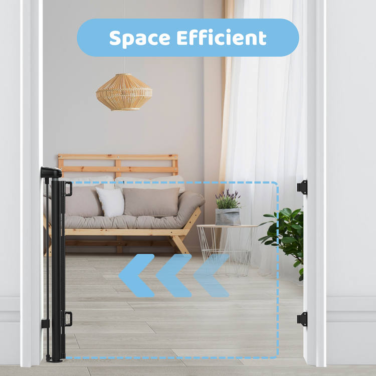 Baby Gates for Doorway, Retractable Baby Gate, Mesh Dog Pets Gate Extra Wide for Stairs Hallways, Extends to 55” Wide, 35” Tall, Black