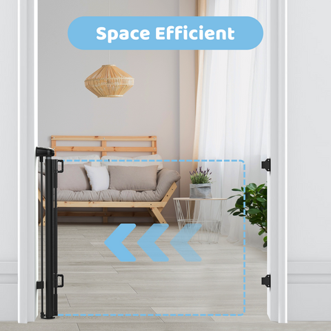 Baby Gates for Doorway, Retractable Baby Gate, Mesh Dog Pets Gate Extra Wide for Stairs Hallways, Extends to 55” Wide, 35” Tall, Black