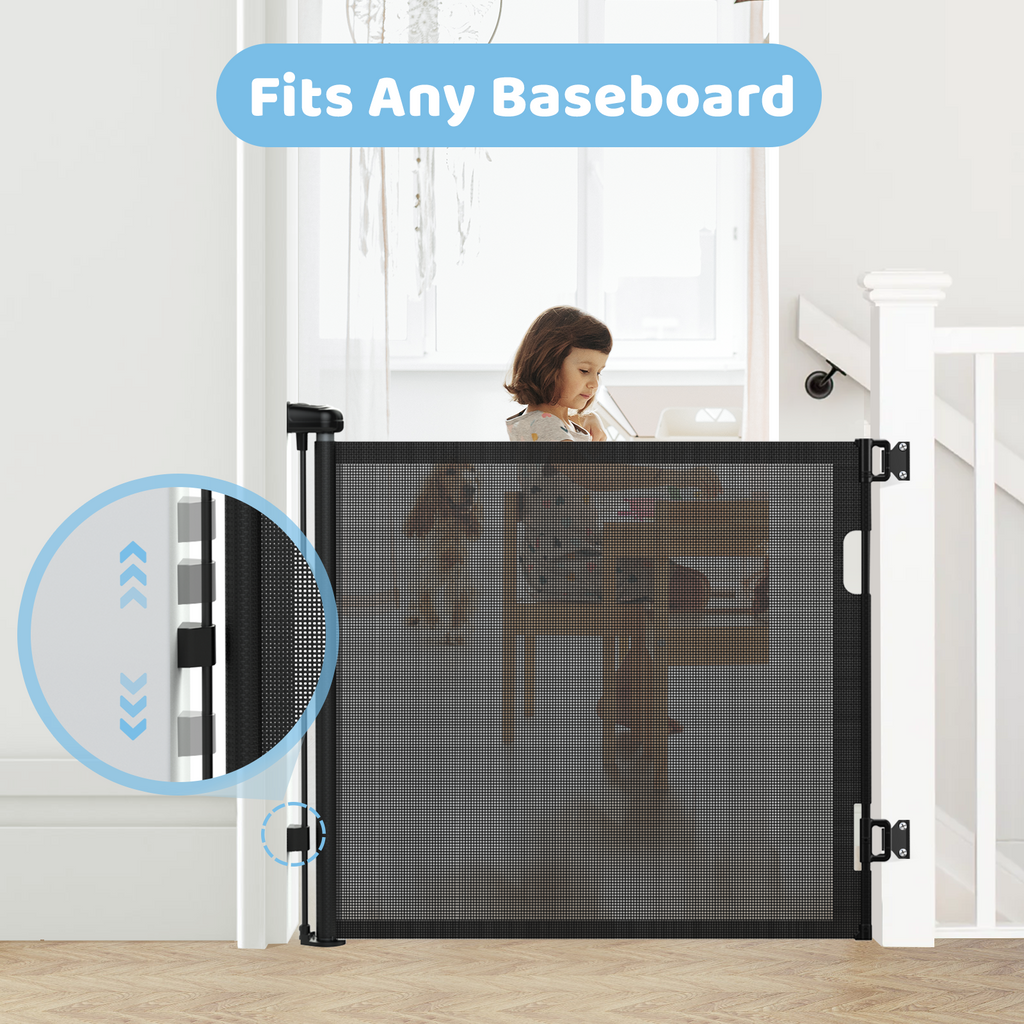 Baby Gates for Doorway, Retractable Baby Gate, Mesh Dog Pets Gate Extra Wide for Stairs Hallways, Extends to 55” Wide, 35” Tall, Black