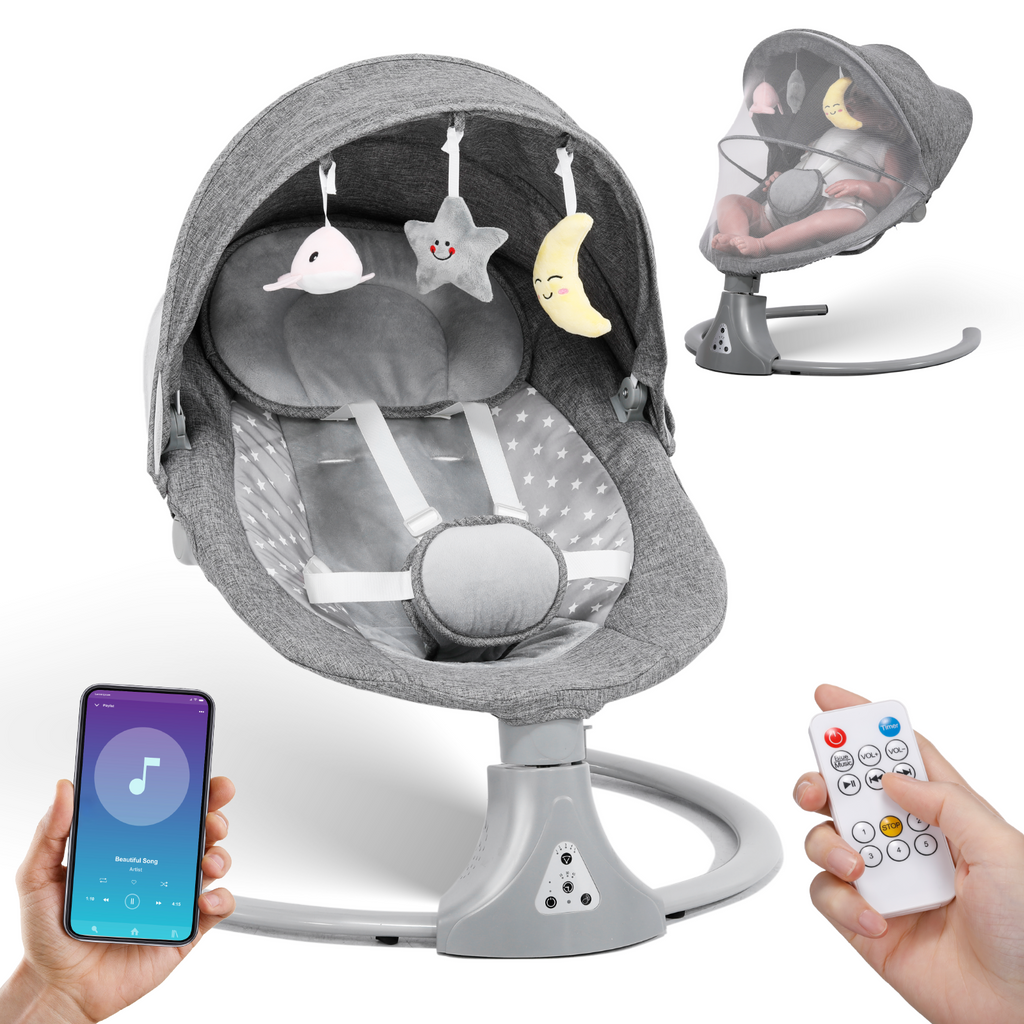 Kisdream Baby Swing for Infants: Electric Baby Swing Chair with Remote Control - Baby Rocking Chair Cordless 5 Levels 12 Lullaby 3 Timer 3 Angle Portable Baby Bouncer for Newborn - Gray