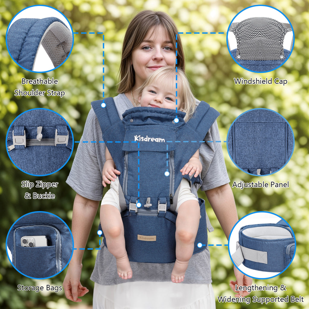 Baby Carrier Newborn to Toddler - Ergonomic M Position Toddler Carrier | 9-in-1 Ways to Carry Baby Carrier Backpack with Head Hood for 3-36 Months Baby | Hip Seat Carrier for All Seasons in/Outdoor