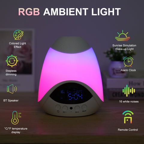 Star Projector, RGB Ambient Light, Dual Alarm Clock with Snooze, White Noise Machine with 16 Soothing Sounds, Bedroom Night Light, BT Speaker, Timer, Temperature Monitor Display, with Remote Control