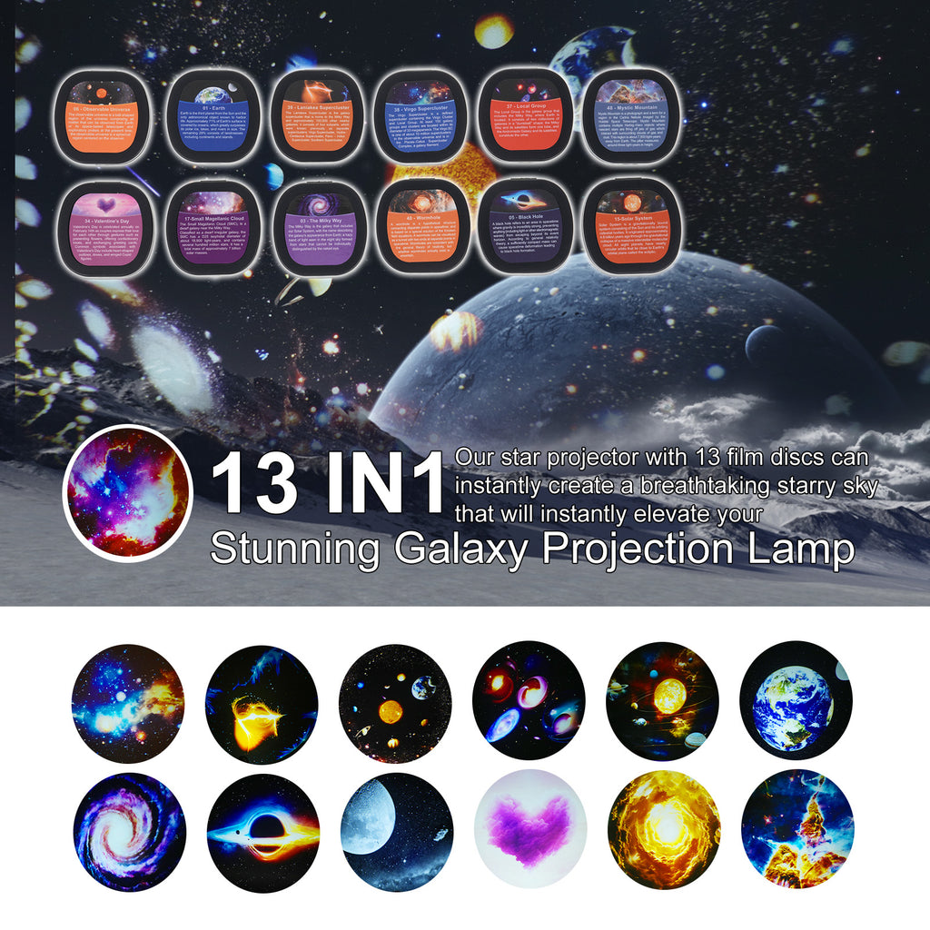 Galaxy Star Projector, Starry Sky Projection Lamp, with 13 Film Discs, Bedroom Night Light, Nebula Milky Way Ambient Light, 1H/2H/4H Timer, Adjustable Focus & Speeds