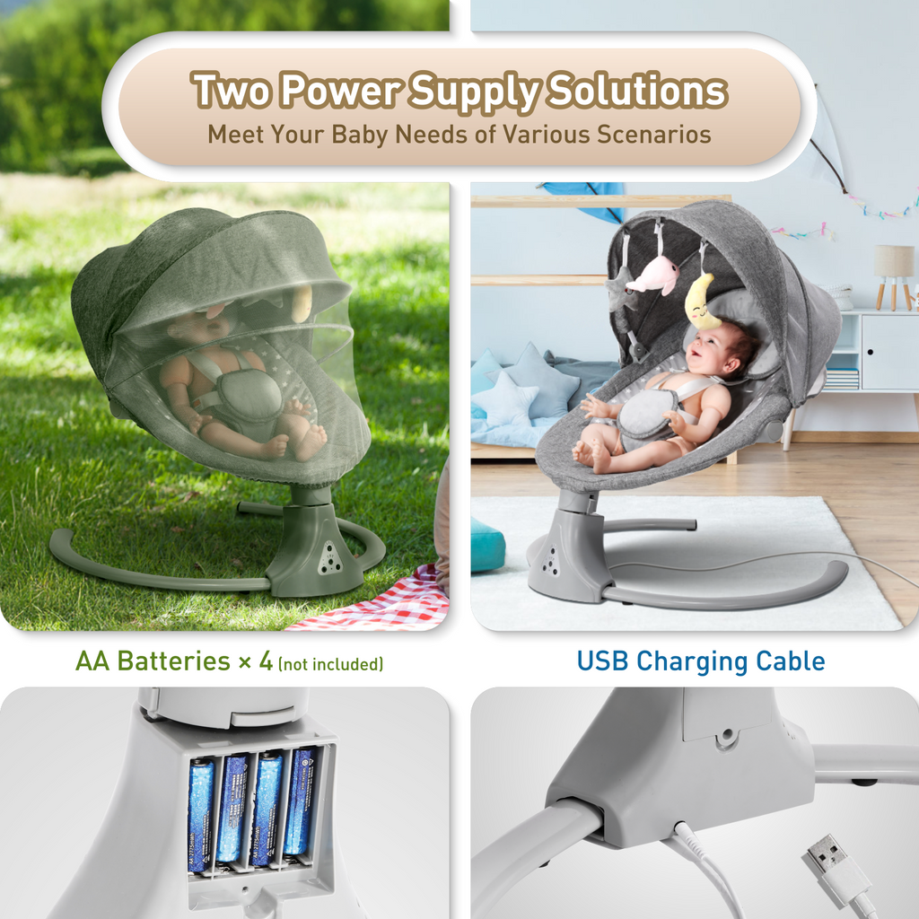 Kisdream Baby Swing for Infants: Electric Baby Swing Chair with Remote Control - Baby Rocking Chair Cordless 5 Levels 12 Lullaby 3 Timer 3 Angle Portable Baby Bouncer for Newborn - Gray