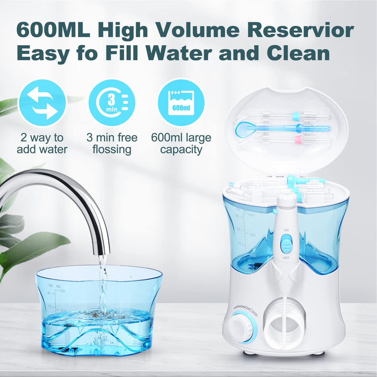 Water Flosser, Power Dental Water Flossers for Teeth & Braces Cleaning, Electric Oral Irrigator Water Flosser for Adults & Kids with 10 Pressures & 8 Tips, 600ml Water Pick Flosser for Family White