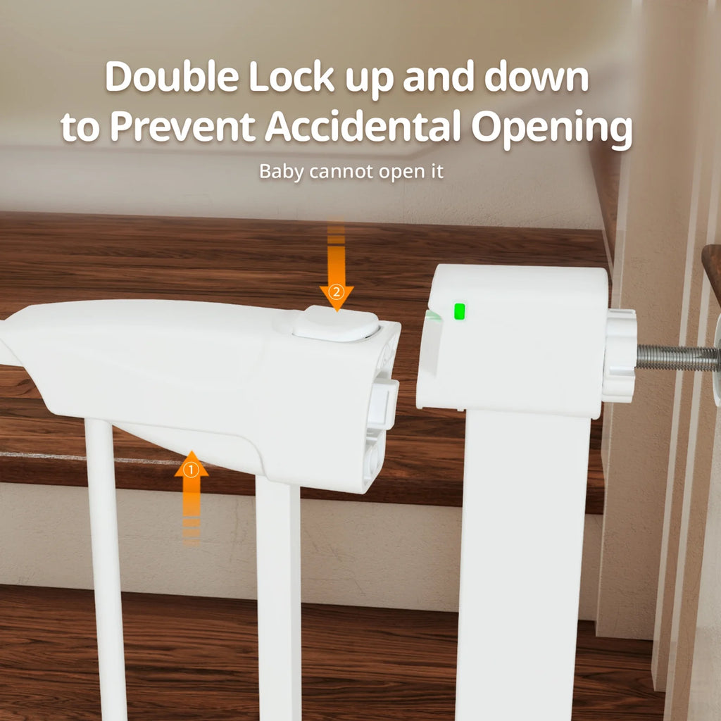 Baby Gate for Stairs, 29.7-40.6" Retractable, Auto-Close Safety Gate with Double Lock, Indoor Toddler Pet Gates for Doorways, Child Dog Gate Easy Walk, Pressure Mounted, White