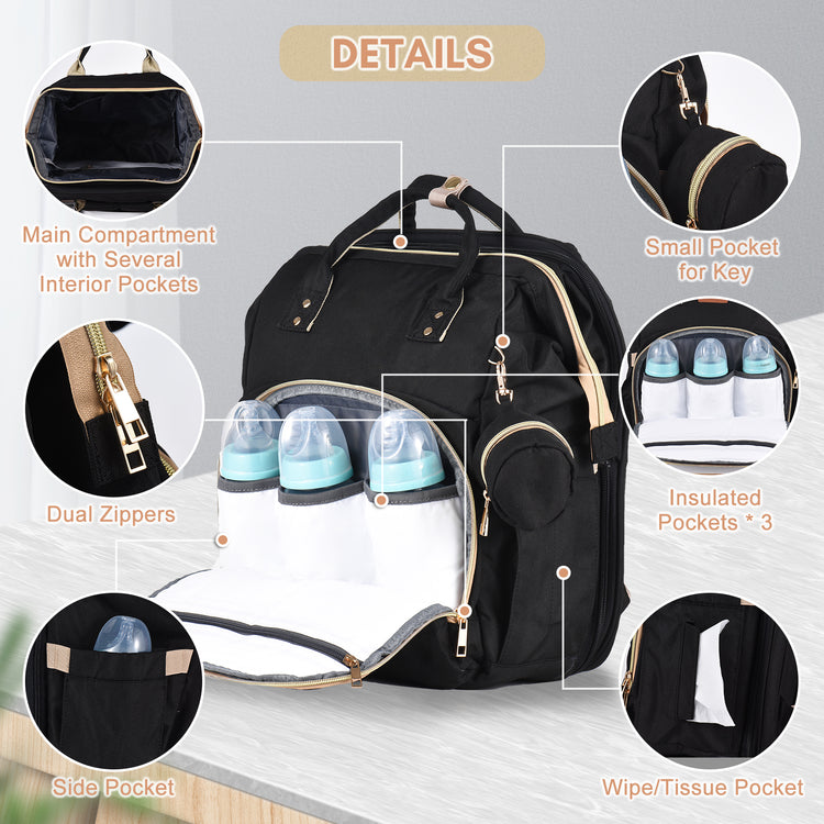 Baby Diaper Bag Backpack Travel Baby Bag Large Capacity Outdoor Water-resistant with Stroller Straps & 3 Feeding-bottle Thermal Pockets