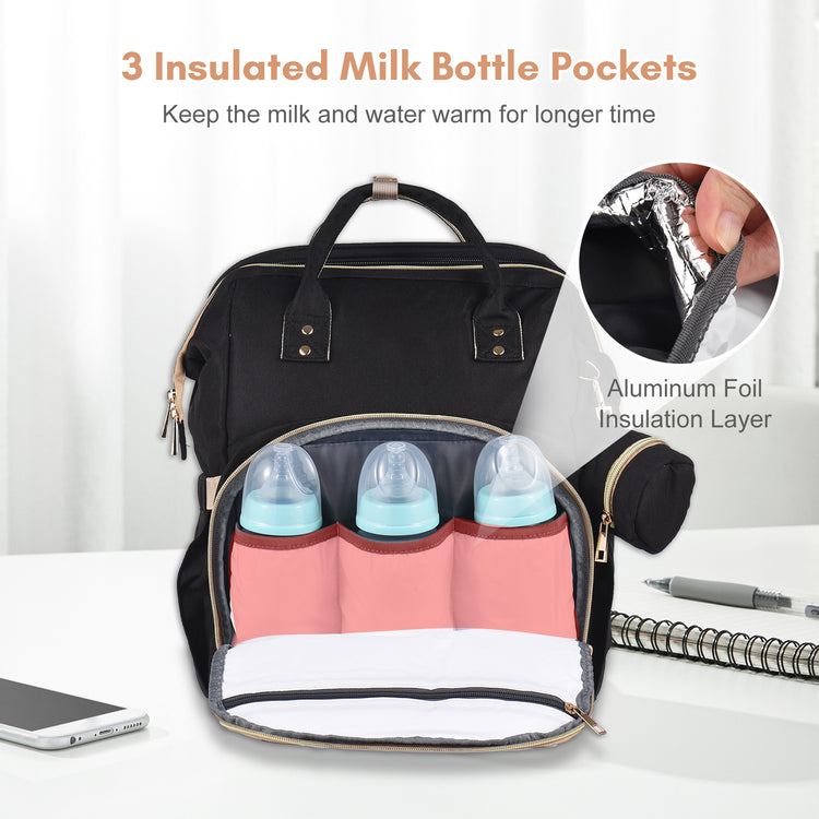 Baby Diaper Bag Backpack Travel Baby Bag Large Capacity Outdoor Water-resistant with Stroller Straps & 3 Feeding-bottle Thermal Pockets