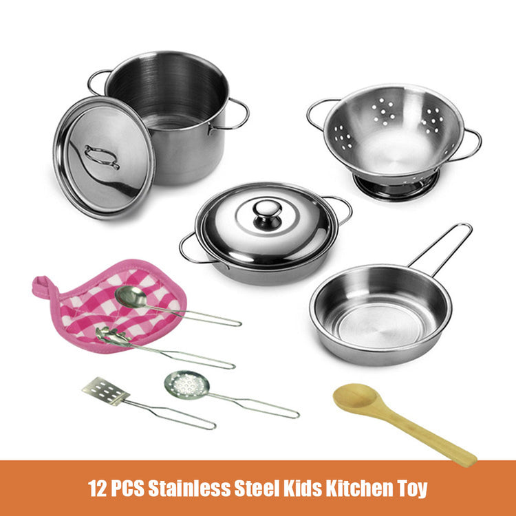 12 PCS Kitchen Set Pretend Play with Storage Bag Simulated Kitchen Toy Stainless Steel Soup Pot Pan Shovel Spoon Children Chef Role Playset Cooking Set Educational Gift for Kids Girls Boys