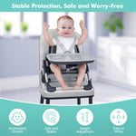 Kisdream Foldable Booster Seat Portable High Chair 2 IN 1 Toddler Booster Feeding Seat for Baby with Removalbe Tray Height Adjustable 5 Point Harness Indoor Outdoor Dining Chair