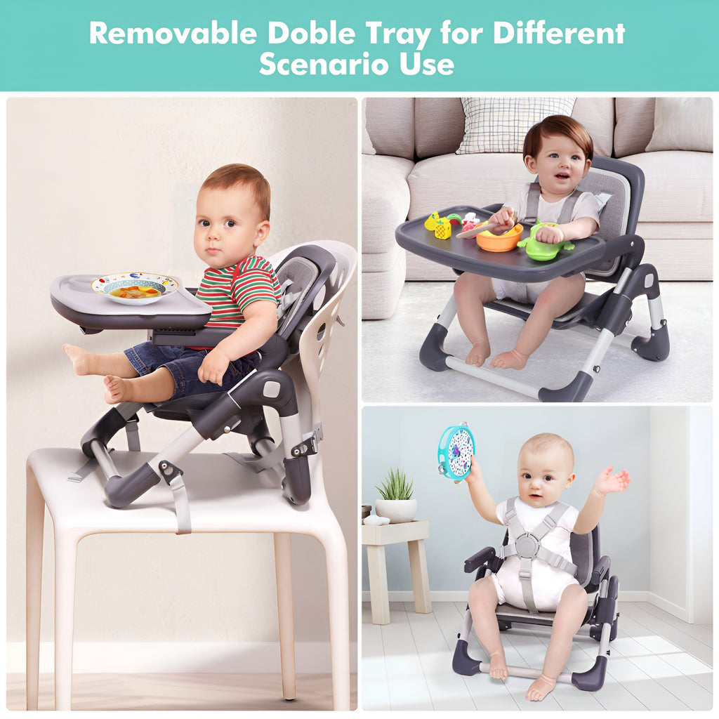 Kisdream Foldable Booster Seat Portable High Chair 2 IN 1 Toddler Booster Feeding Seat for Baby with Removalbe Tray Height Adjustable 5 Point Harness Indoor Outdoor Dining Chair