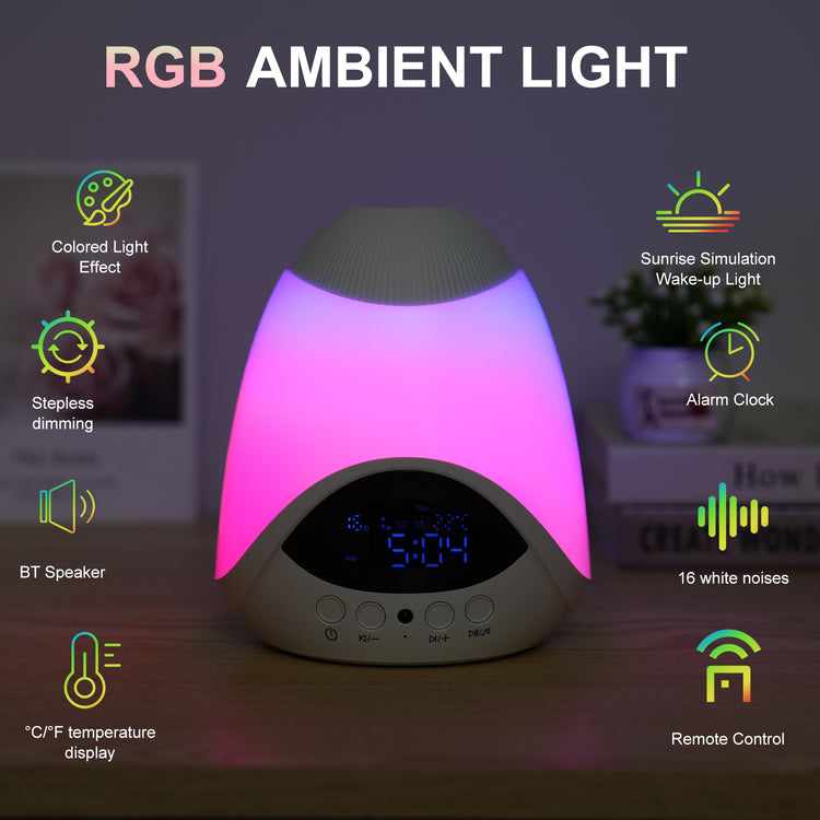 Star Projector, RGB Ambient Light, Dual Alarm Clock with Snooze, White Noise Machine with 16 Soothing Sounds, Bedroom Night Light, BT Speaker, Timer, Temperature Monitor Display, with Remote Control