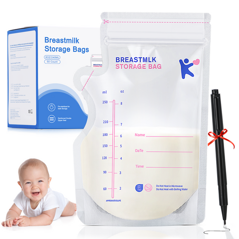 Kisdream Breastmilk Storage Bag 50PC, Leak-Proof Double-Sealed Self Standing Breastmilk Bags with a Pen, 8 Oz White