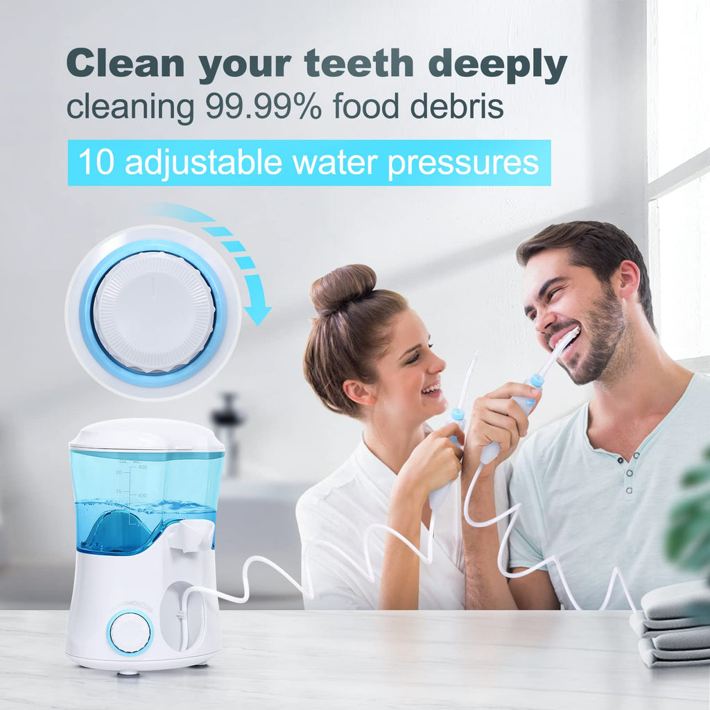 Water Flosser, Power Dental Water Flossers for Teeth & Braces Cleaning, Electric Oral Irrigator Water Flosser for Adults & Kids with 10 Pressures & 8 Tips, 600ml Water Pick Flosser for Family White