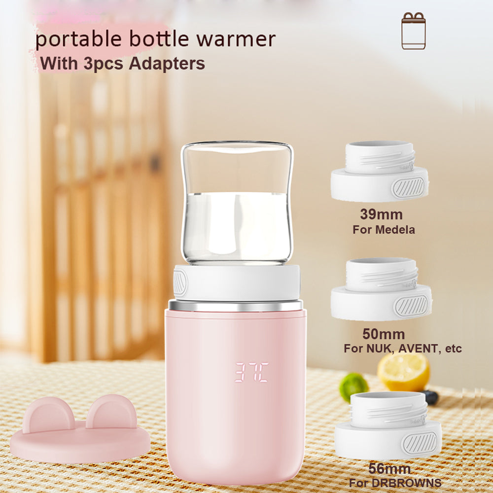 Kisdream Portable Bottle Warmer, Wireless Bottle Warmer with 3 Adapters, Baby Bottle Warmer for Travel, Baby Milk Breastmilk with Night Light,Precise Temperature Control