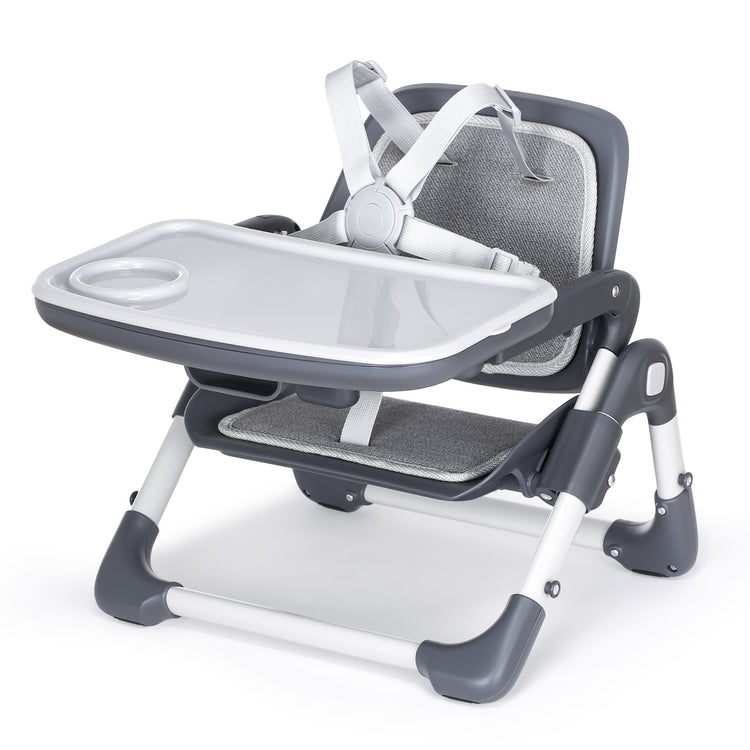 Kisdream Foldable Booster Seat Portable High Chair 2 IN 1 Toddler Booster Feeding Seat for Baby with Removalbe Tray Height Adjustable 5 Point Harness Indoor Outdoor Dining Chair