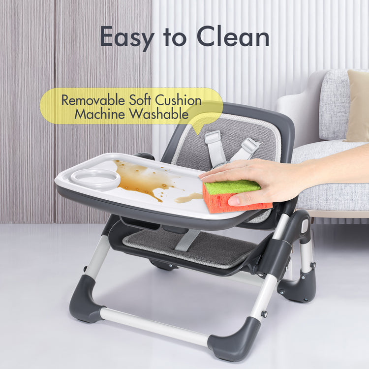 Kisdream Foldable Booster Seat Portable High Chair 2 IN 1 Toddler Booster Feeding Seat for Baby with Removalbe Tray Height Adjustable 5 Point Harness Indoor Outdoor Dining Chair