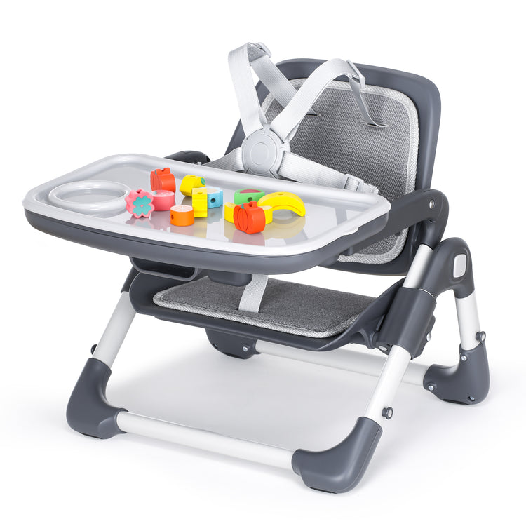 Kisdream Foldable Booster Seat Portable High Chair 2 IN 1 Toddler Booster Feeding Seat for Baby with Removalbe Tray Height Adjustable 5 Point Harness Indoor Outdoor Dining Chair