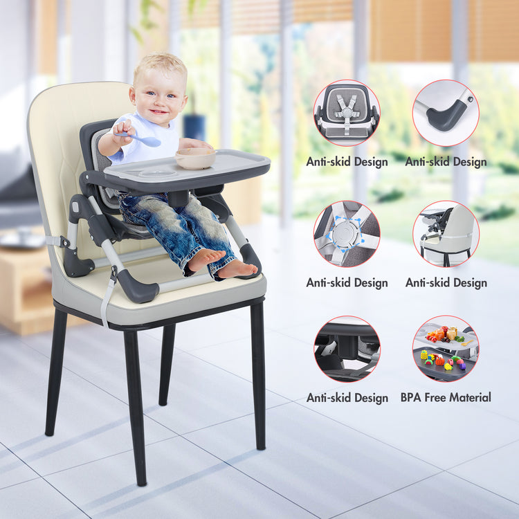 Kisdream Foldable Booster Seat Portable High Chair 2 IN 1 Toddler Booster Feeding Seat for Baby with Removalbe Tray Height Adjustable 5 Point Harness Indoor Outdoor Dining Chair