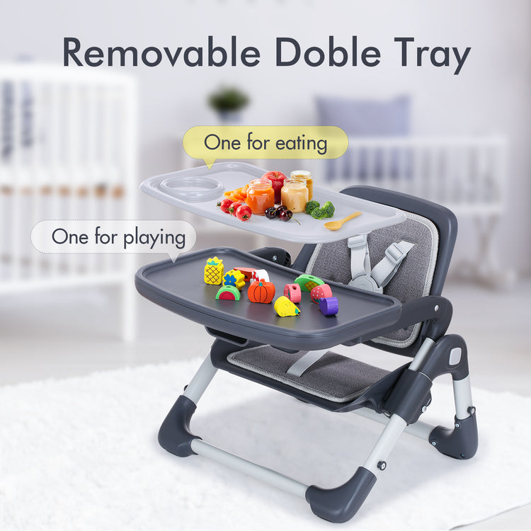 Kisdream Foldable Booster Seat Portable High Chair 2 IN 1 Toddler Booster Feeding Seat for Baby with Removalbe Tray Height Adjustable 5 Point Harness Indoor Outdoor Dining Chair