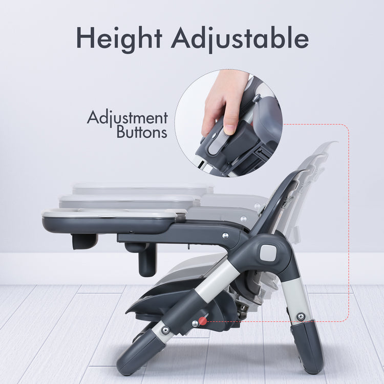 Kisdream Foldable Booster Seat Portable High Chair 2 IN 1 Toddler Booster Feeding Seat for Baby with Removalbe Tray Height Adjustable 5 Point Harness Indoor Outdoor Dining Chair