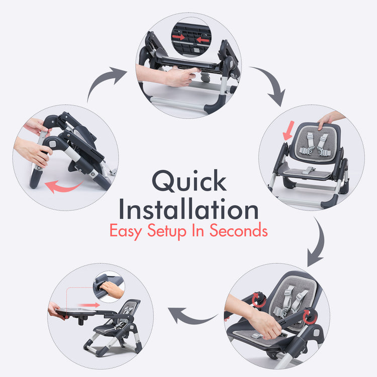 Kisdream Foldable Booster Seat Portable High Chair 2 IN 1 Toddler Booster Feeding Seat for Baby with Removalbe Tray Height Adjustable 5 Point Harness Indoor Outdoor Dining Chair